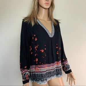 Nwt! DESIGUAL Black BLUS LOUISE Floral BOHEMIAN Rayon TUNIC Blouse TOP  XS